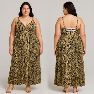 SWAK Designs Dress Womens 2X Gold Animal Print Metallic Foil‎ Maxi Made USA